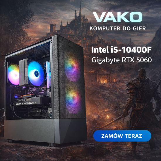 Komputer do gier VAKO Intel i5-10400F 16GB RTX 5060 1TB 600W  W11Pro czarny
